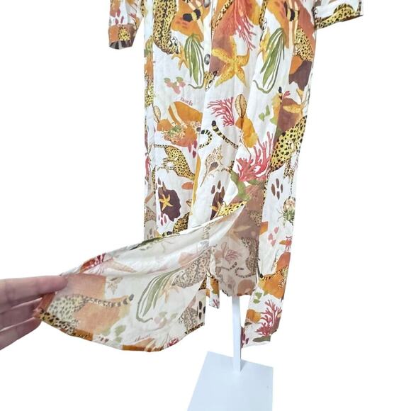 Nach Bijoux Earth Hand Painted Midi Dress Button Front Linen Blend Women's  Sz S - Picture 6 of 14